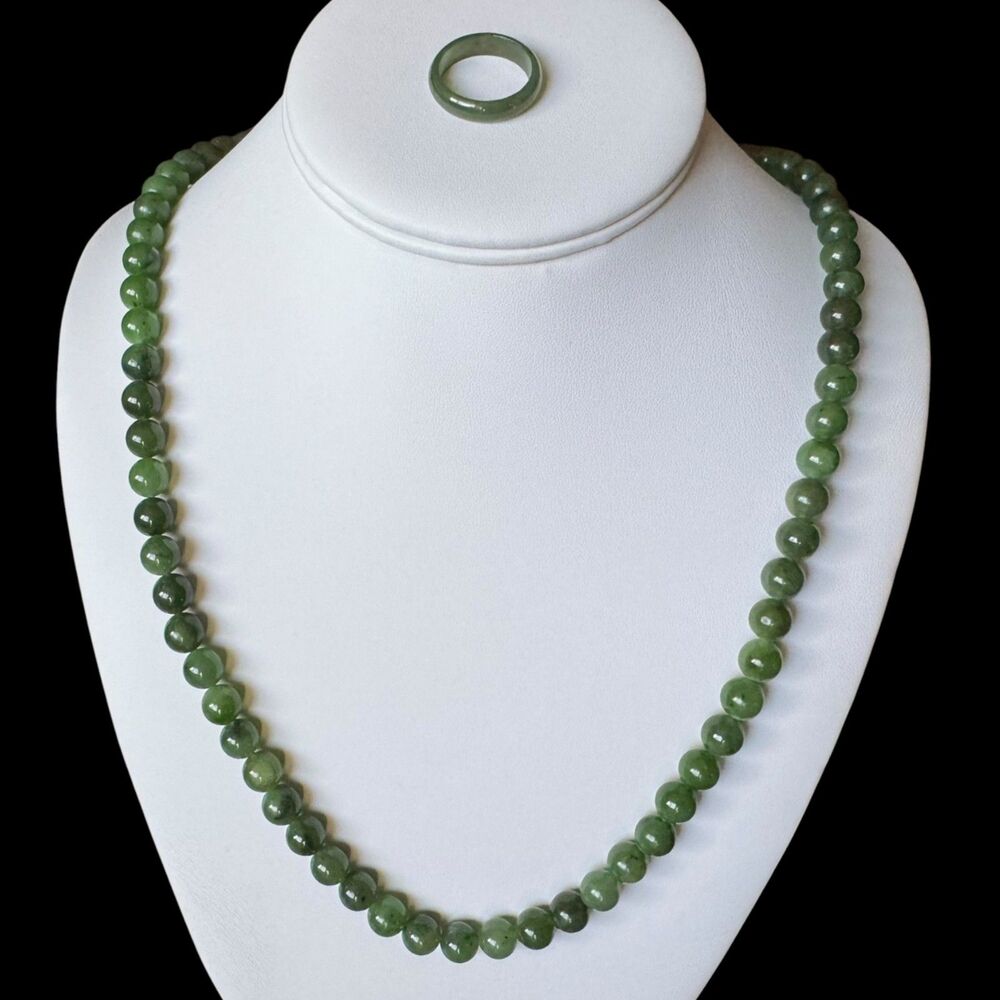 Vintage 24" Spinach Green Nephrite Jade Beaded Necklace 8mm, 925 Sterling Clasp